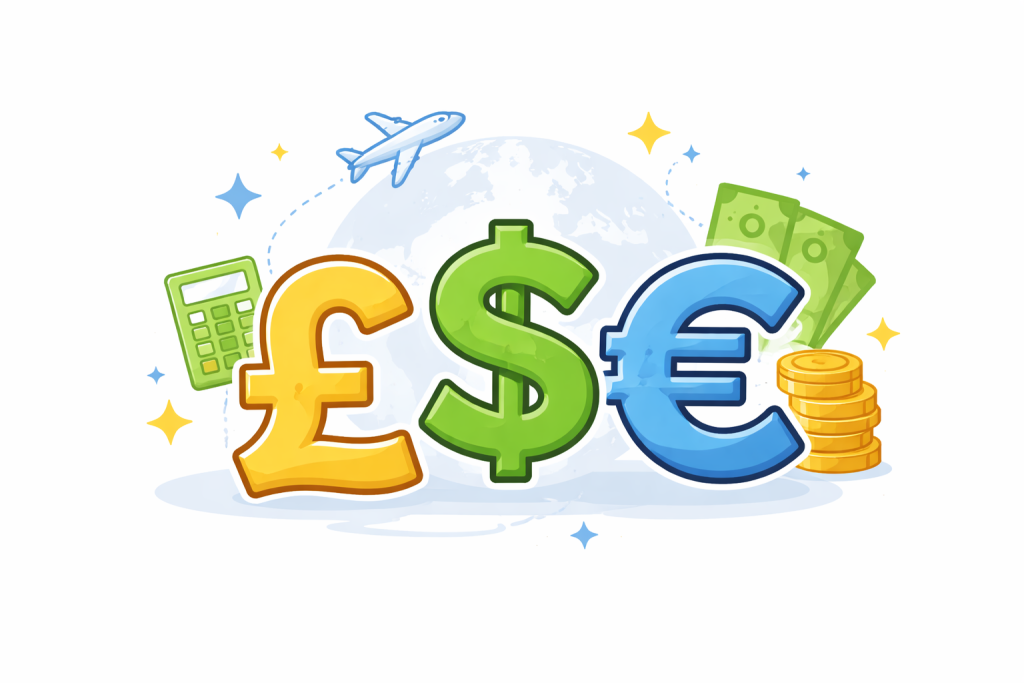 Currency symbols for British pounds, US dollars and euros used when booking group tours