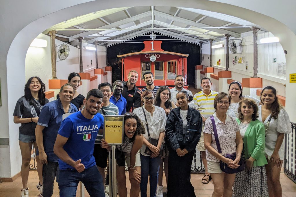 coach tour group having fun