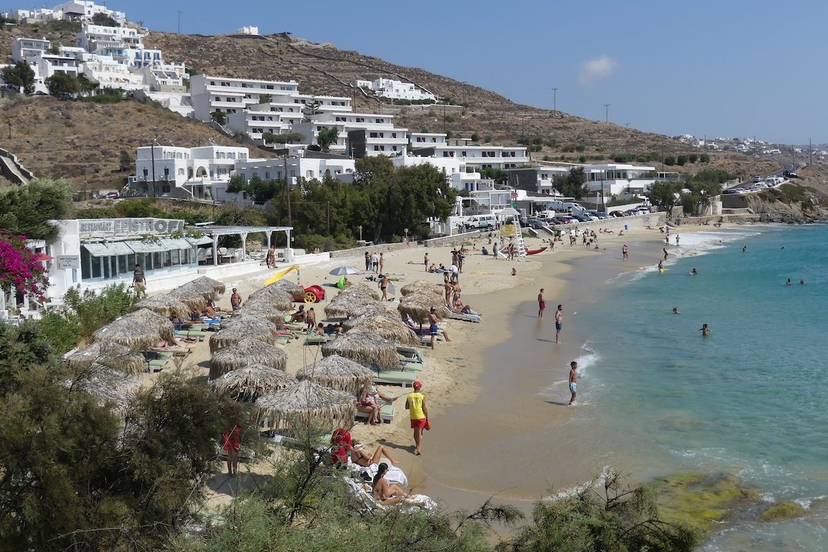 View of Agios Stefanos beach Mykonos