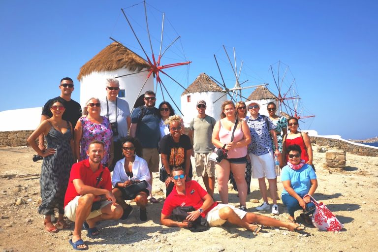 Best of Greece tour review - Tour Group photo in front of Mykonos Windmills